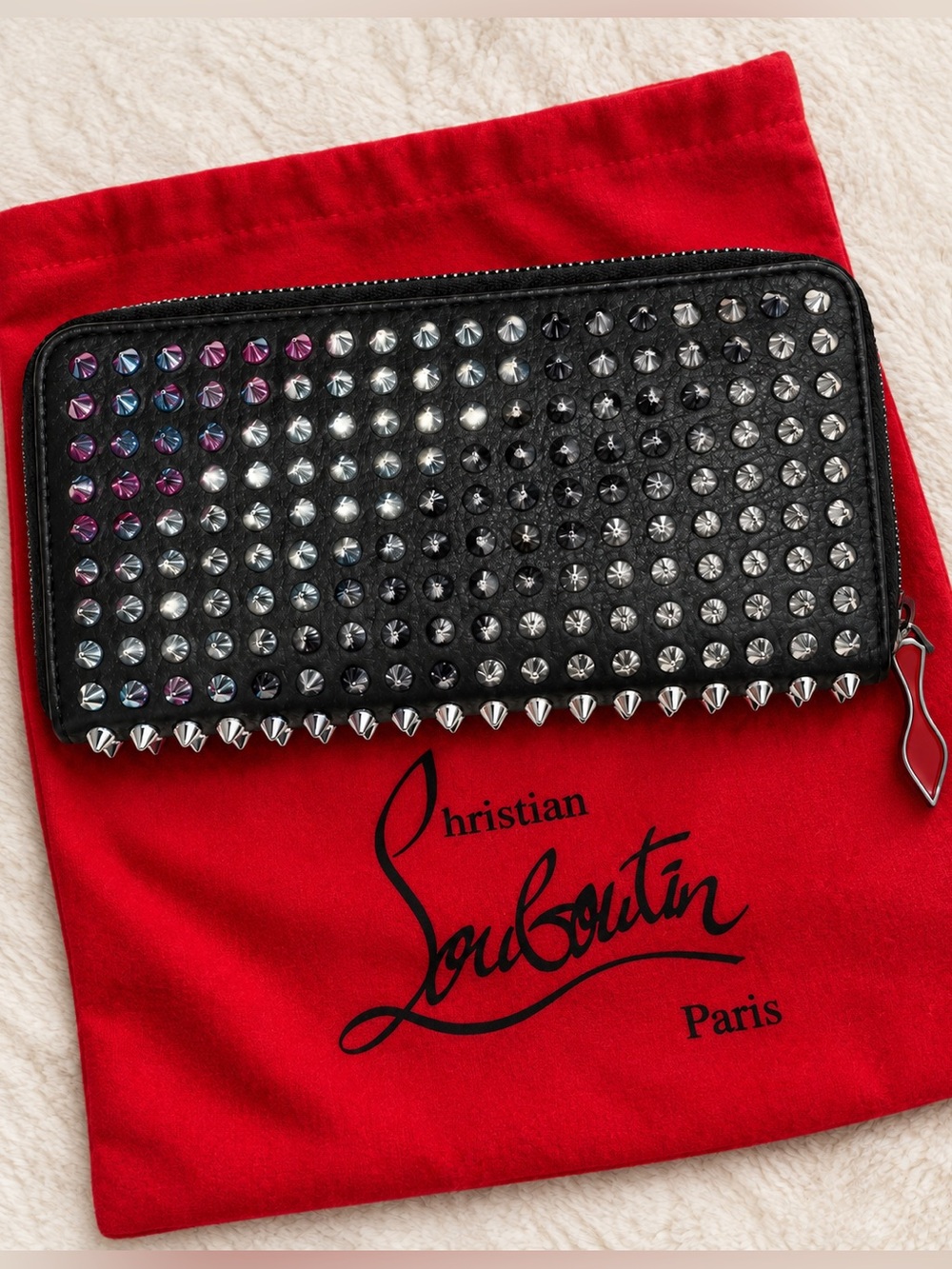 Christian Louboutin Black Multicolor Spike Studded Zip-Around Wallet New